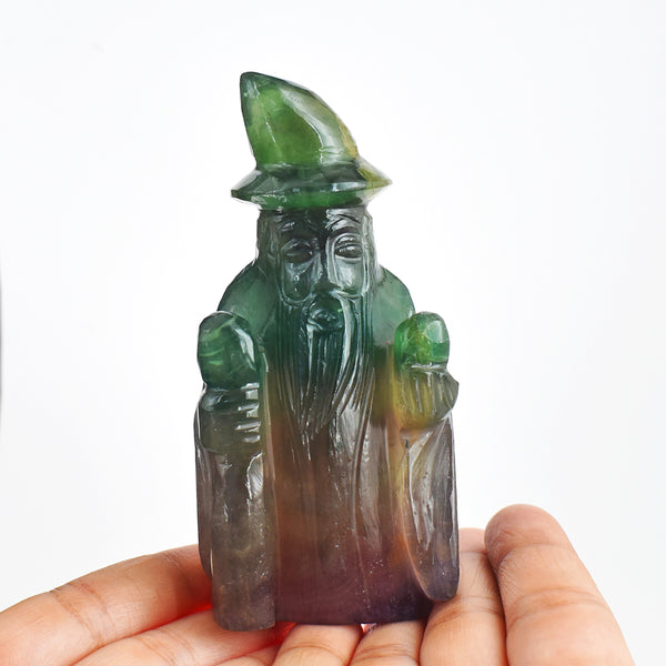 Exclusive 1332.00 Cts Carats Multicolor Fluorite Hand Carved Crystal Gemstone Wizard Carving