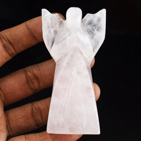 Natural 377.00 Carats Genuine Pink Rose Quartz Hand Carved Healing Praying Angel Gemstone Carving