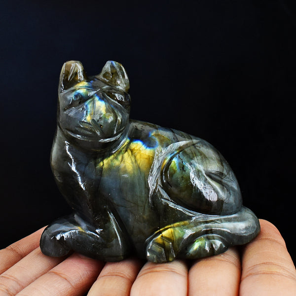 Gorgeous 900.00 Cts Genuine Golden Flash Labradorite Hand Carved Crystal Cat Gemstone Carving