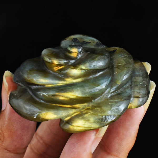 Artisian  273.00 Carats   Genuine  Golden Flash Labradorite Hand  Carved  Rose  Gemstone  Carving