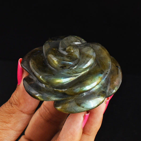 Genuine  Golden And  Blue Flash Labradorite 359.00  Carats  Hand  Carved  Gemstone Crystal  Rose Flower Carving