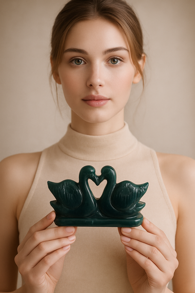 Gorgeous 717.00 Cts Genuine Green Moss Agate Carved Love Premium Swan Pair