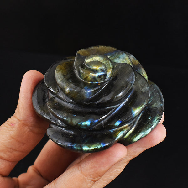 856.00 Carats Genuine Golden & Blue Flash Labradorite Hand Carved  Gemstone Crystal Rose Flower Carving