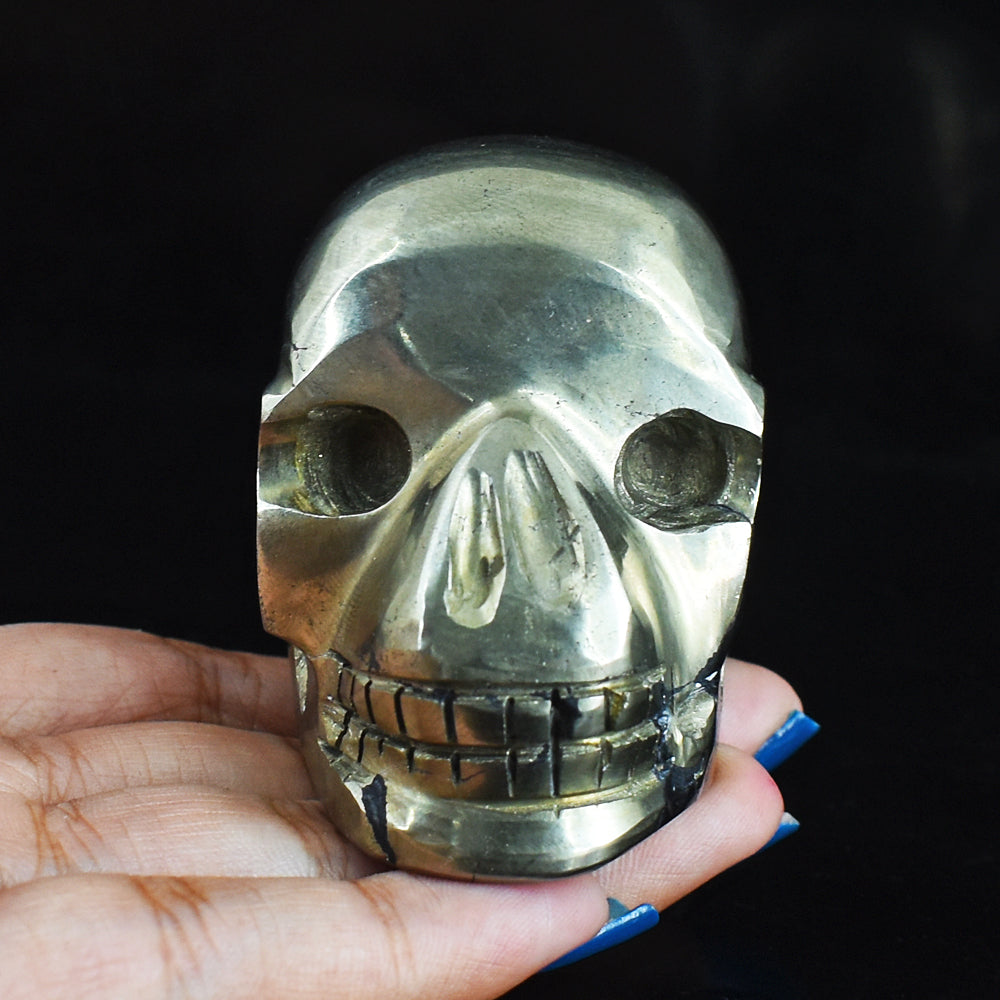 Amazing  1474.00 Carats  Genuine Golden  Pyrite  Hand Carved  Skull  Gemstone  Carving