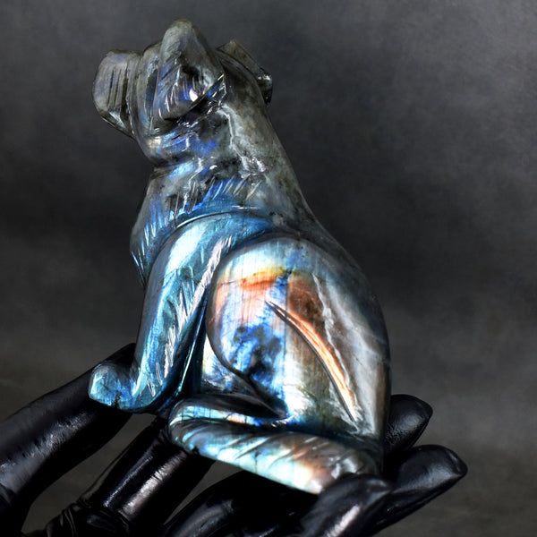 Genuine 1792.00 Cts Artisian Blue Flash Labradorite Crystal Hand Carved Dog Gemstone Carving