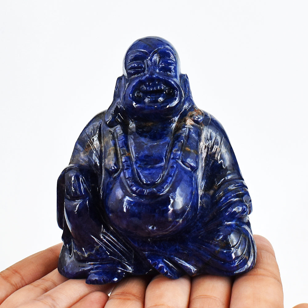 Awesome 2080.00 Cts Genuine Sodalite Hand Carved Crystal Gemstone Carving Laughing Buddha