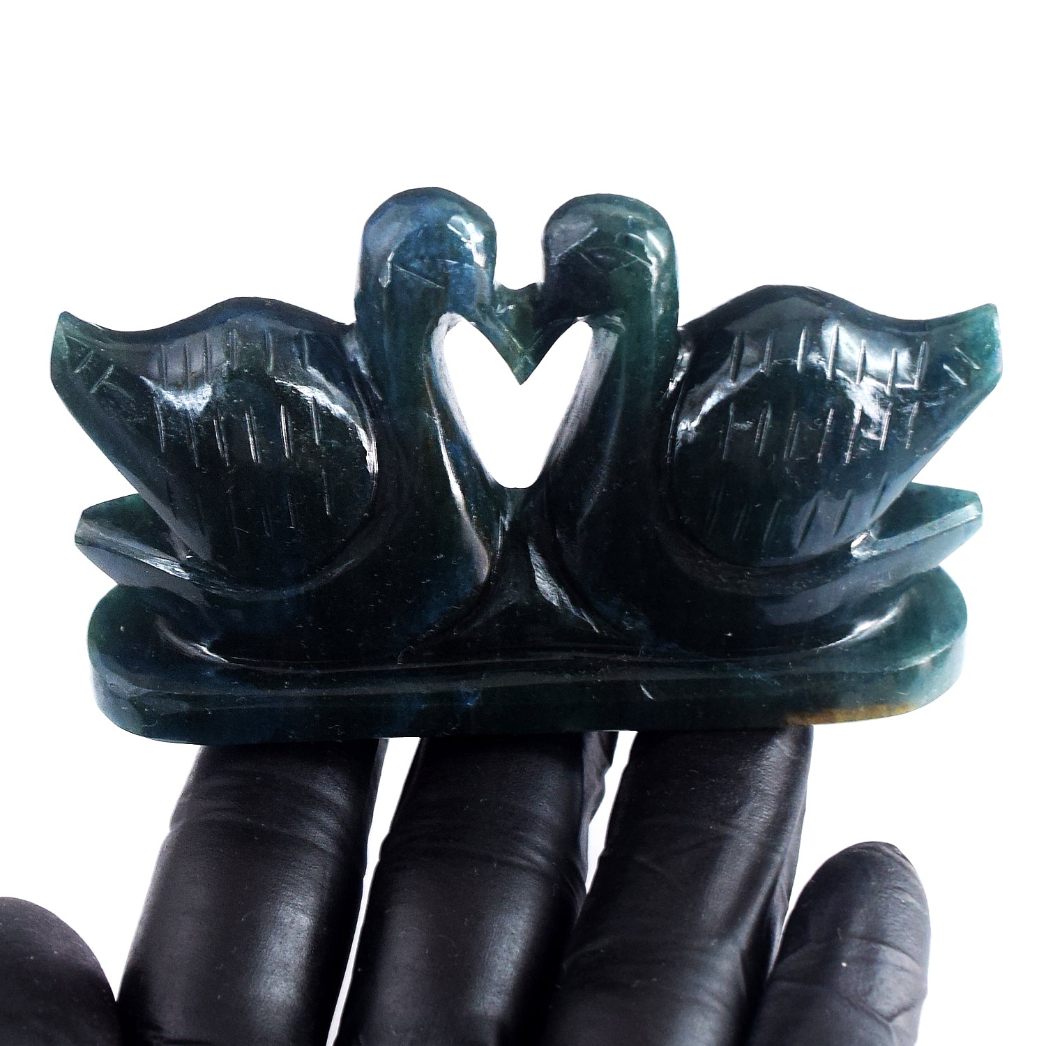 Gorgeous 717.00 Cts Genuine Green Moss Agate Carved Love Premium Swan Pair