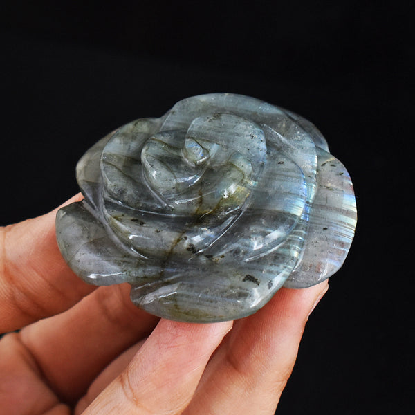 Blue  & Golden  Flash Labradorite  288.00 Carats  Genuine  Hand Carved  Gemstone  Rose Flower Carving