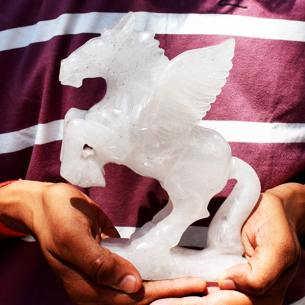 Awesome 8266.00 Cts Genuine White Quartz Hand Carved Crystal Gemstone Pegasus Carving