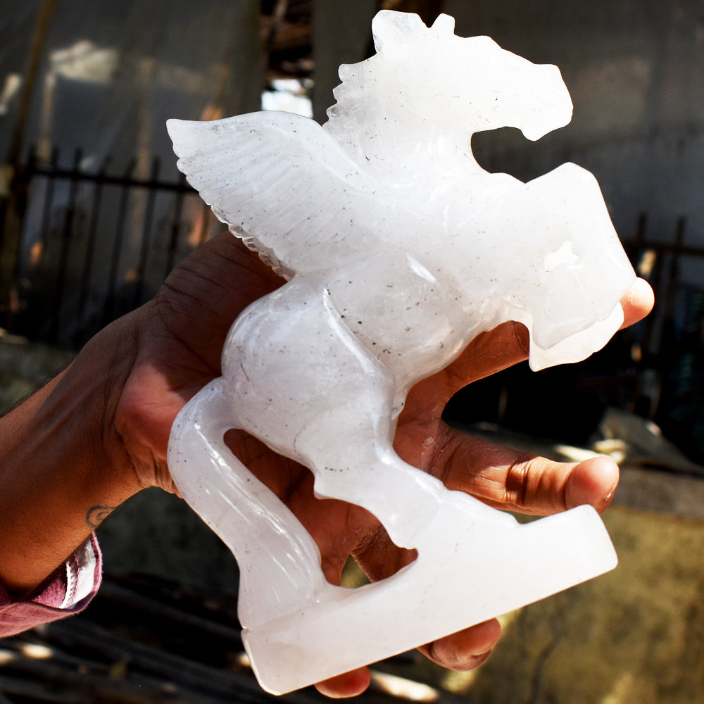 Awesome 8266.00 Cts Genuine White Quartz Hand Carved Crystal Gemstone Pegasus Carving