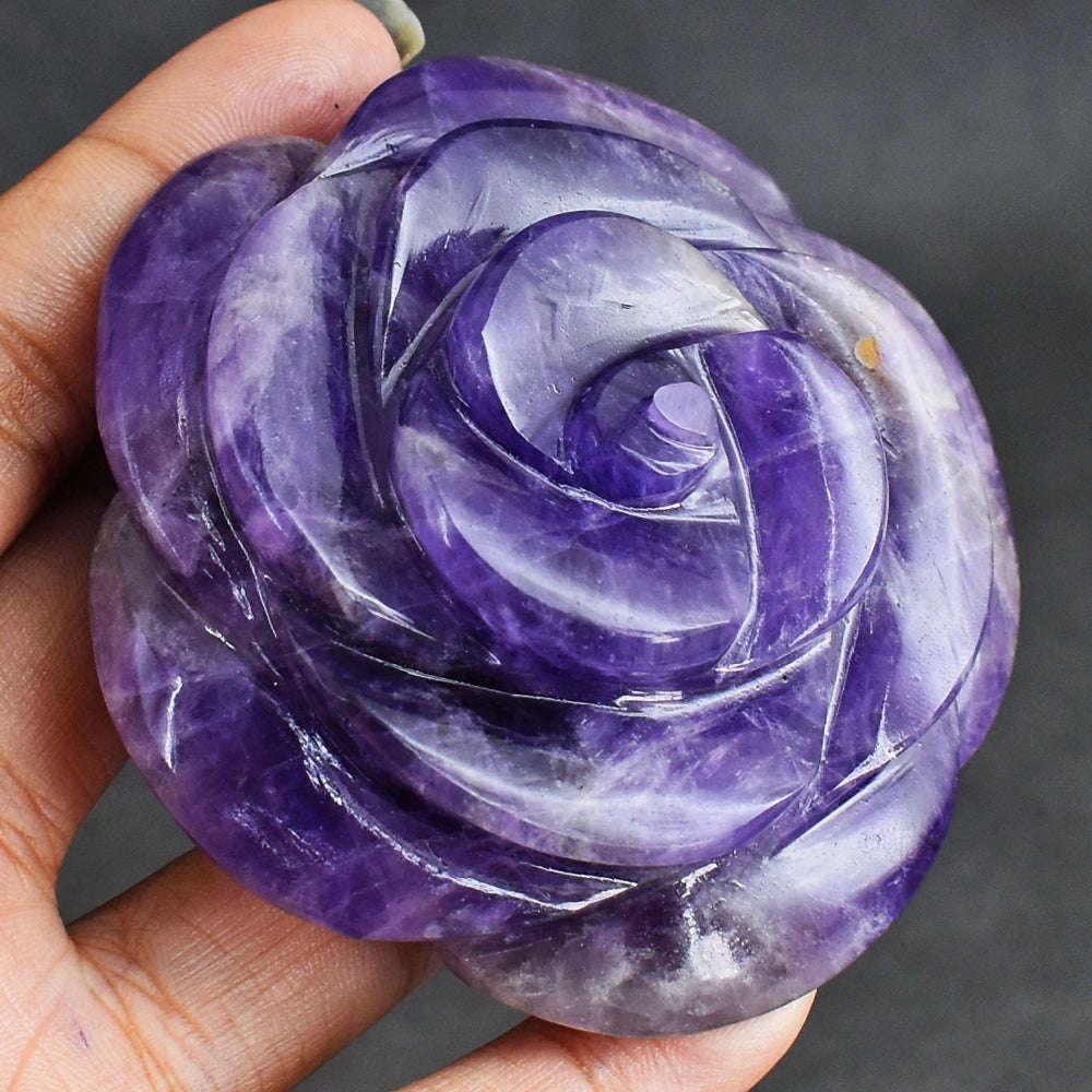 gemsmore:Amazing 692.00 Cts Genuine  Amethyst Hand Carved Rose Flower Gemstone