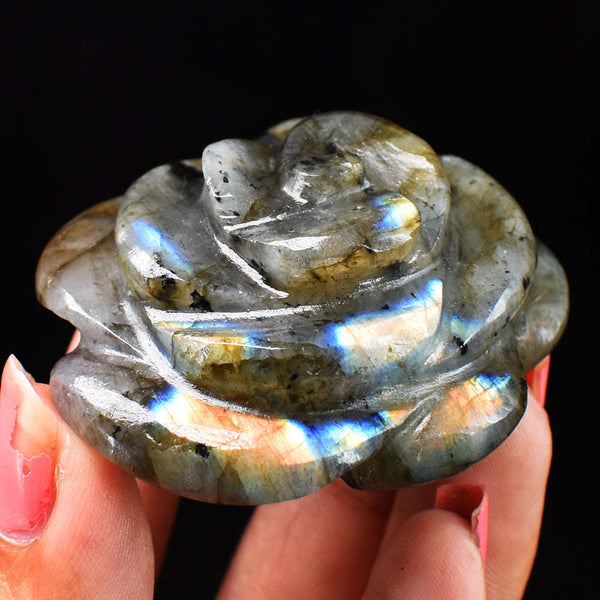 gemsmore:Amazing  Flash Labradorite 231.00 Carats  Genuine  Hand Carved  Gemstone  Rose Flower Carving