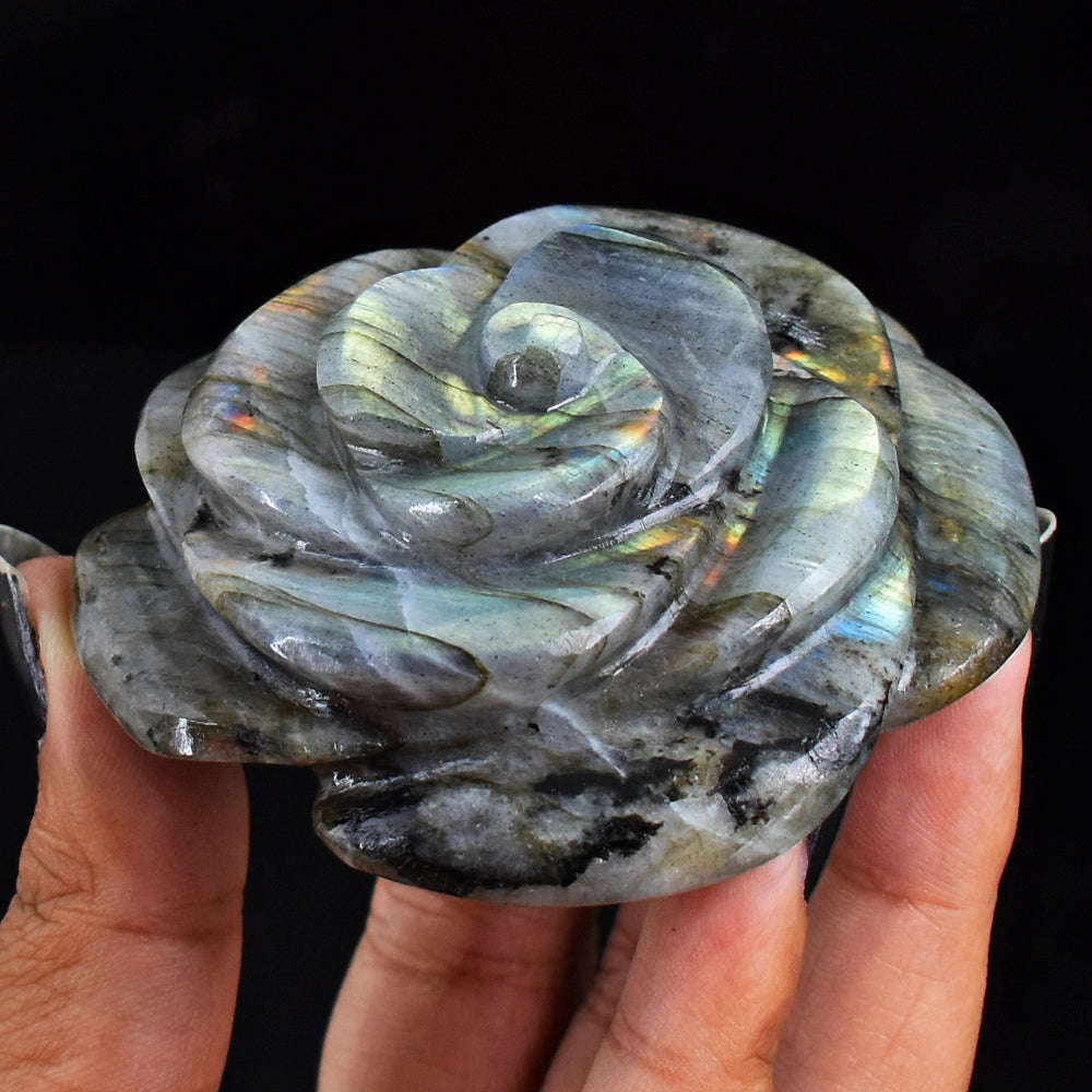 gemsmore:Amazing  Flash Labradorite 577.00 Carats  Genuine  Hand Carved  Gemstone  Rose Flower Carving