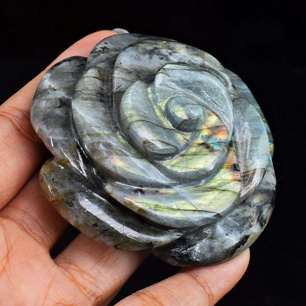 gemsmore:Amazing  Flash Labradorite 577.00 Carats  Genuine  Hand Carved  Gemstone  Rose Flower Carving