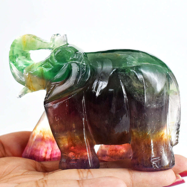 gemsmore:Amazing  Multicolor  Fluorite Hand Carved Genuine Crystal Gemstone Carving Elephant