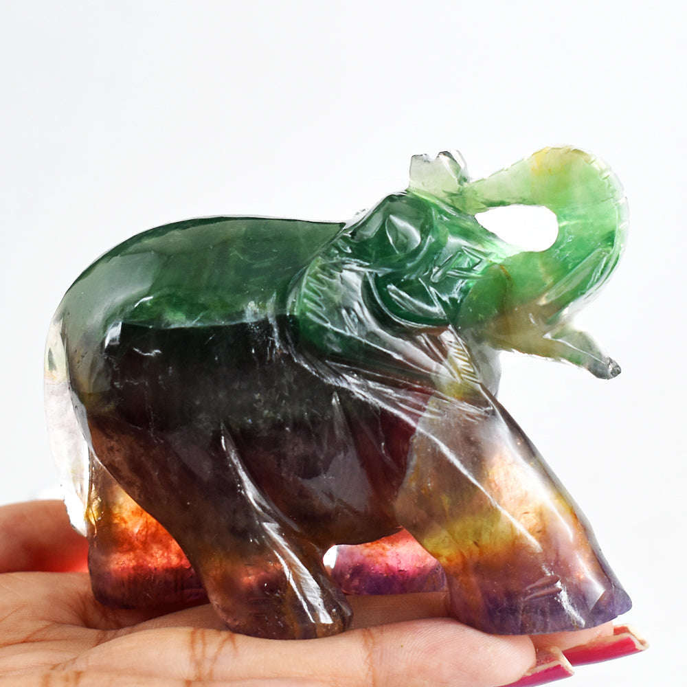 gemsmore:Amazing  Multicolor  Fluorite Hand Carved Genuine Crystal Gemstone Carving Elephant