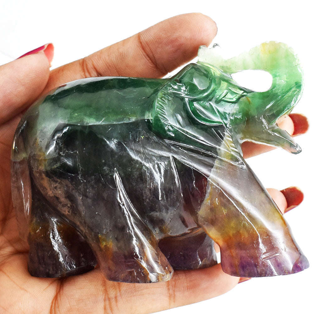 gemsmore:Amazing  Multicolor  Fluorite Hand Carved Genuine Crystal Gemstone Carving Elephant