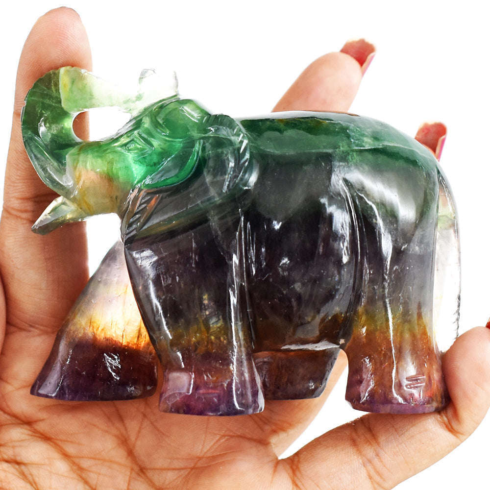 gemsmore:Amazing  Multicolor  Fluorite Hand Carved Genuine Crystal Gemstone Carving Elephant