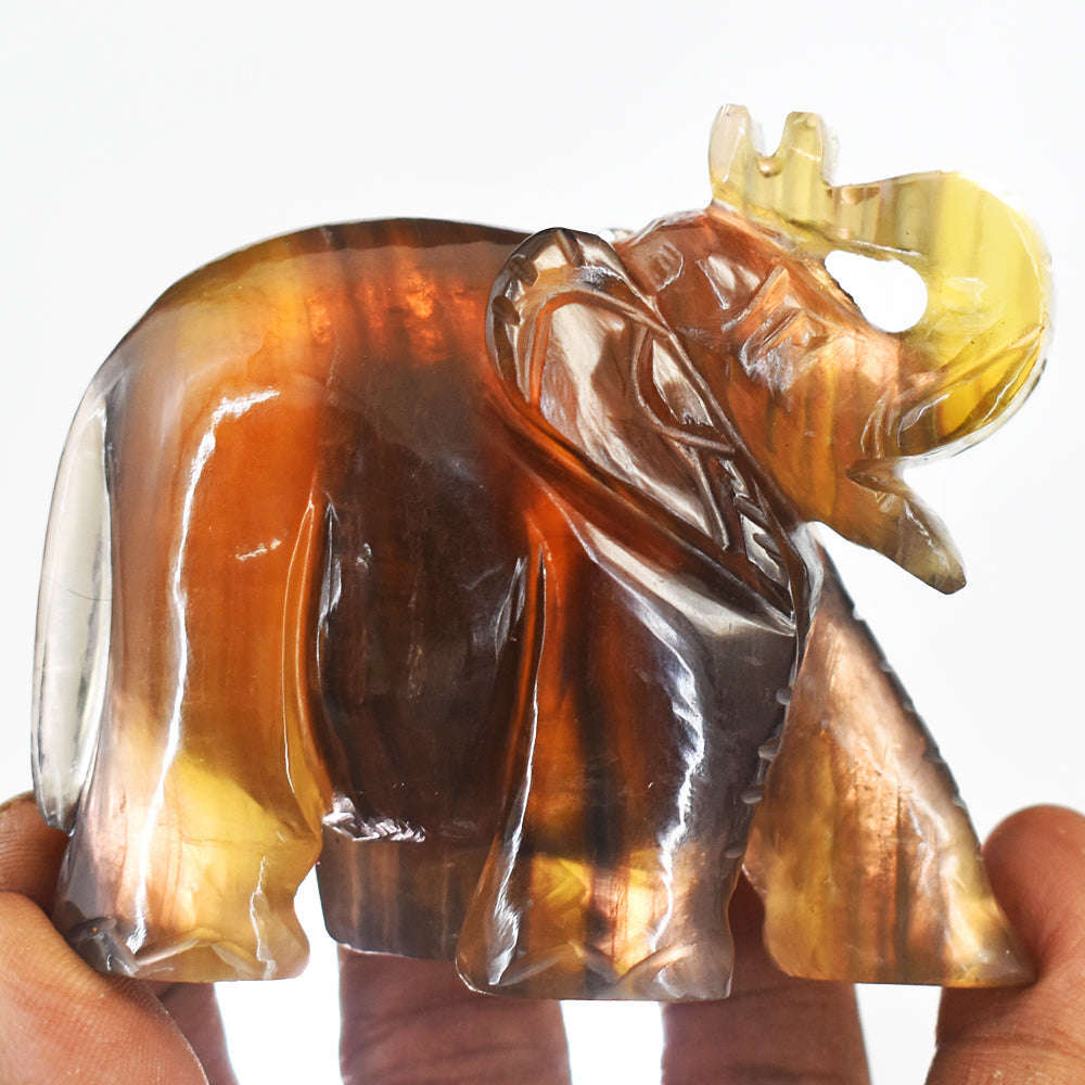 gemsmore:Amazing Multicolor Fluorite Hand Carved Genuine Crystal Gemstone Carving Elephant