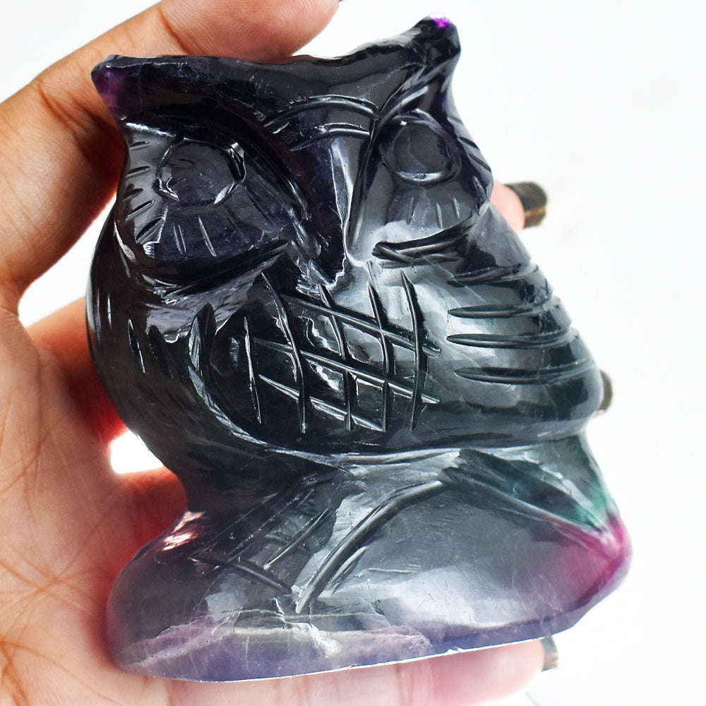 gemsmore:Amazing Multicolor Fluorite Hand Carved Genuine Crystal Gemstone Owl Carving