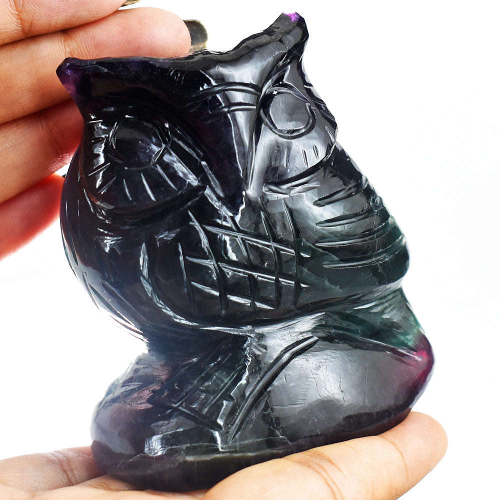 gemsmore:Amazing Multicolor Fluorite Hand Carved Genuine Crystal Gemstone Owl Carving