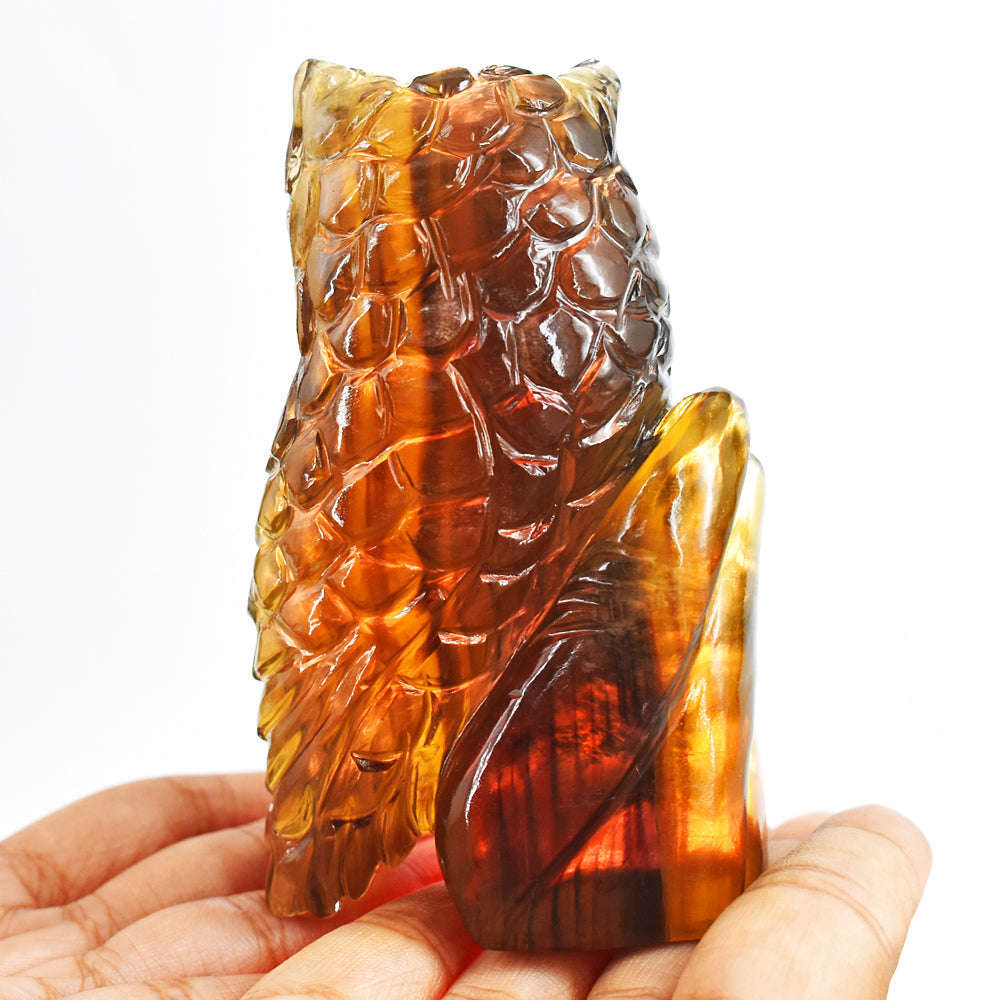 gemsmore:Amazing Multicolor Fluorite Hand Carved Genuine Crystal Gemstone Owl Carving
