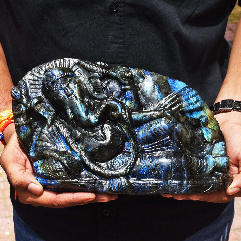 gemsmore:Artisian 18820.00 Cts  Genuine Amazing Flash Labradorite Hand Carved Sleeping Lord Ganesha ( Huge Size )