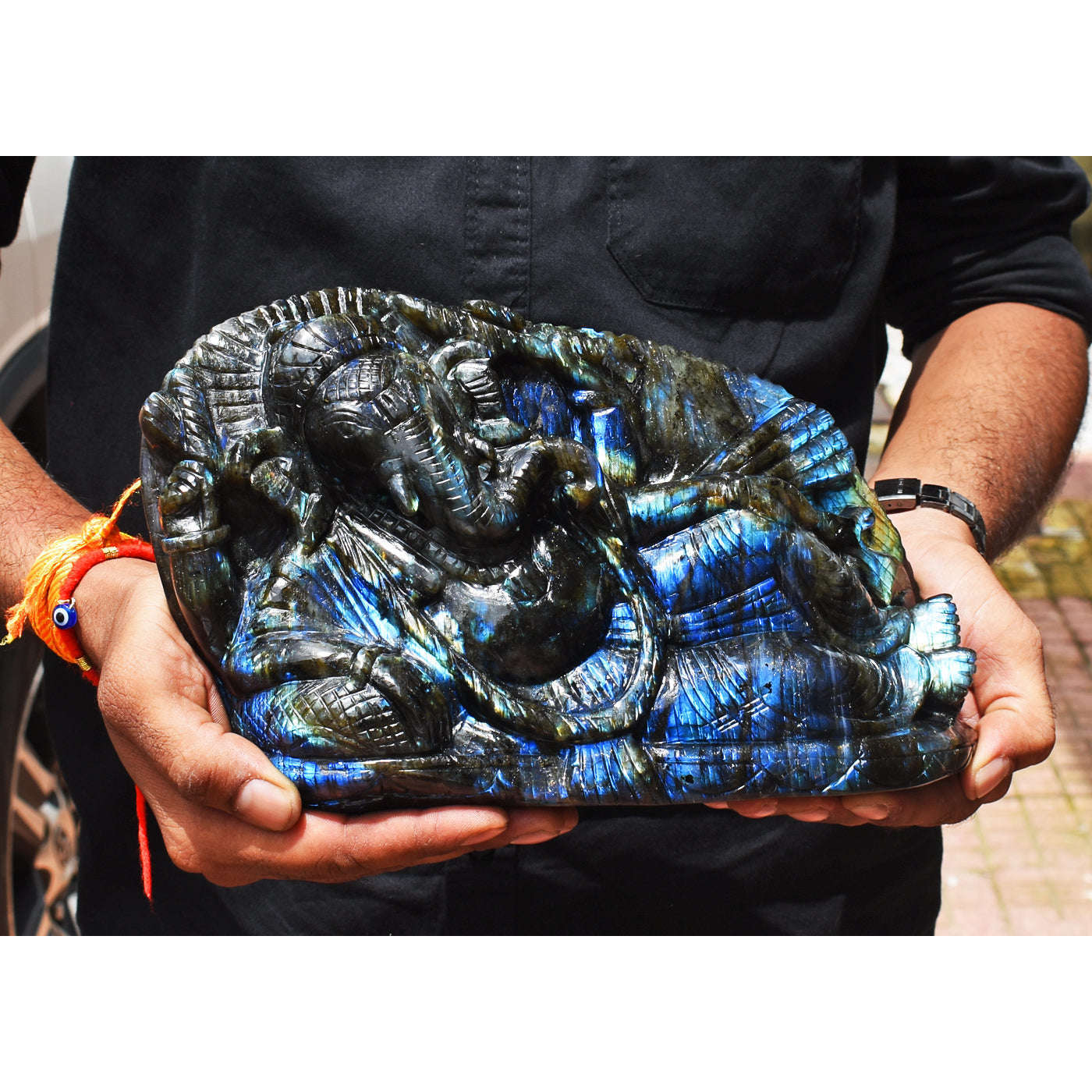 gemsmore:Artisian 18820.00 Cts  Genuine Amazing Flash Labradorite Hand Carved Sleeping Lord Ganesha ( Huge Size )