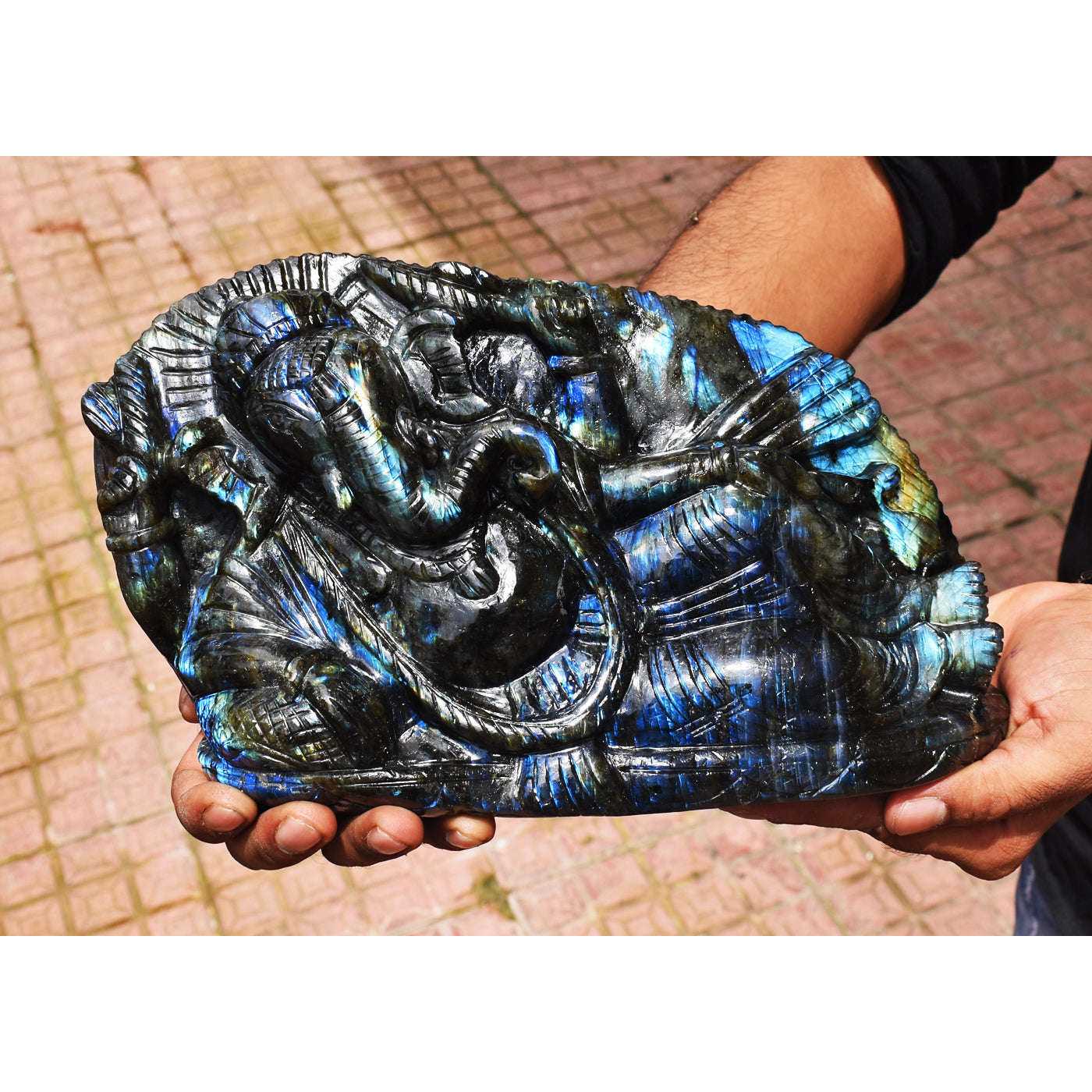 gemsmore:Artisian 18820.00 Cts  Genuine Amazing Flash Labradorite Hand Carved Sleeping Lord Ganesha ( Huge Size )