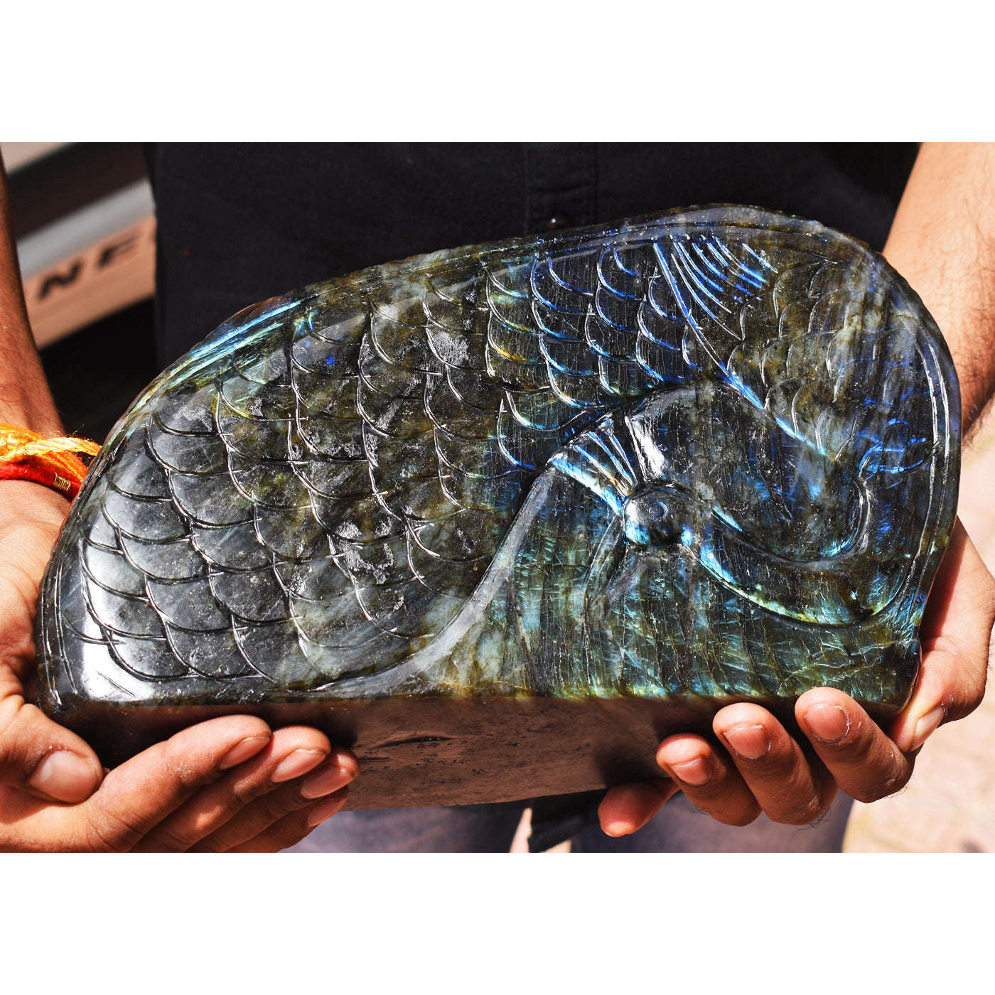 gemsmore:Artisian 18820.00 Cts  Genuine Amazing Flash Labradorite Hand Carved Sleeping Lord Ganesha ( Huge Size )