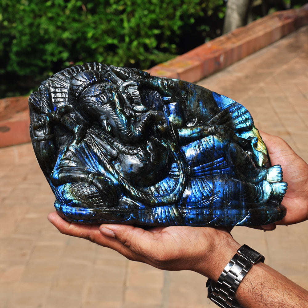 gemsmore:Artisian 18820.00 Cts  Genuine Amazing Flash Labradorite Hand Carved Sleeping Lord Ganesha ( Huge Size )