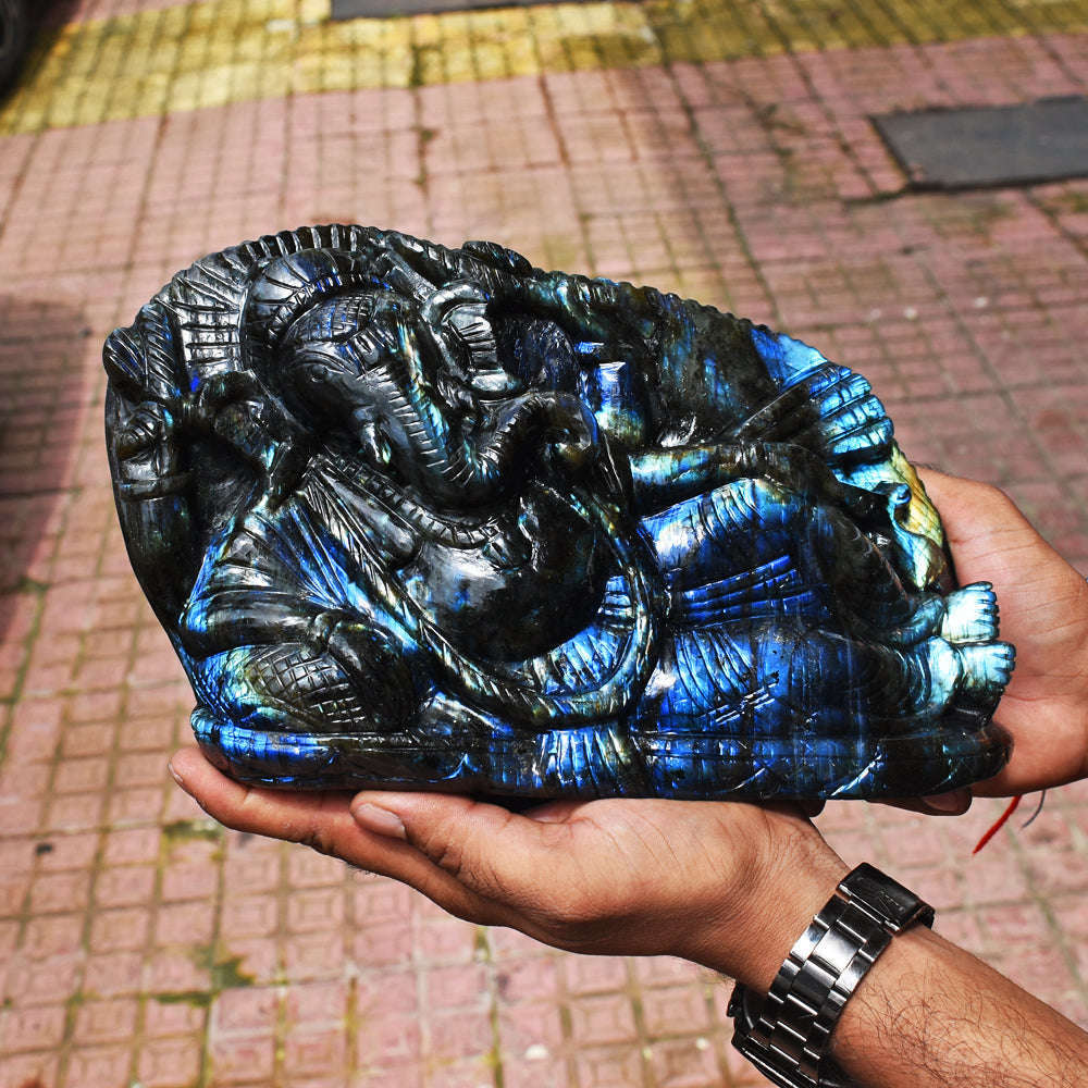 gemsmore:Artisian 18820.00 Cts  Genuine Amazing Flash Labradorite Hand Carved Sleeping Lord Ganesha ( Huge Size )