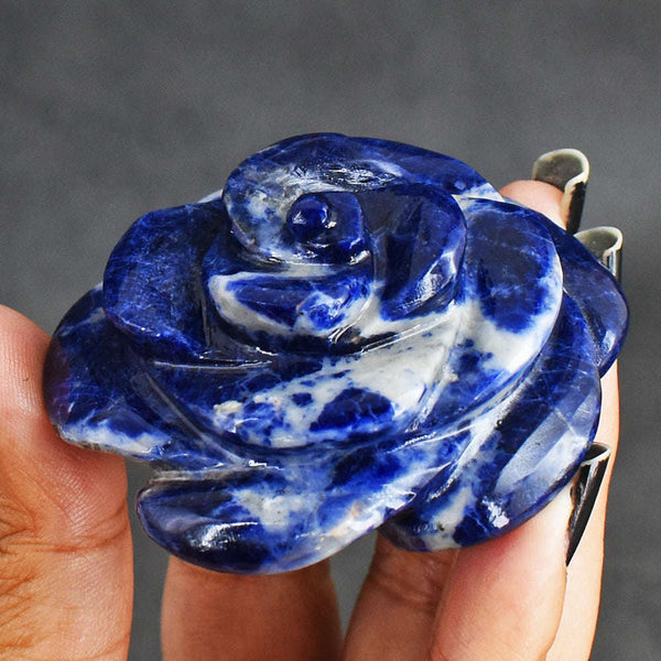 gemsmore:Artisian  369.00 Cts  Genuine  Sodalite  Hand Carved Rose Flower Gemstone Carving