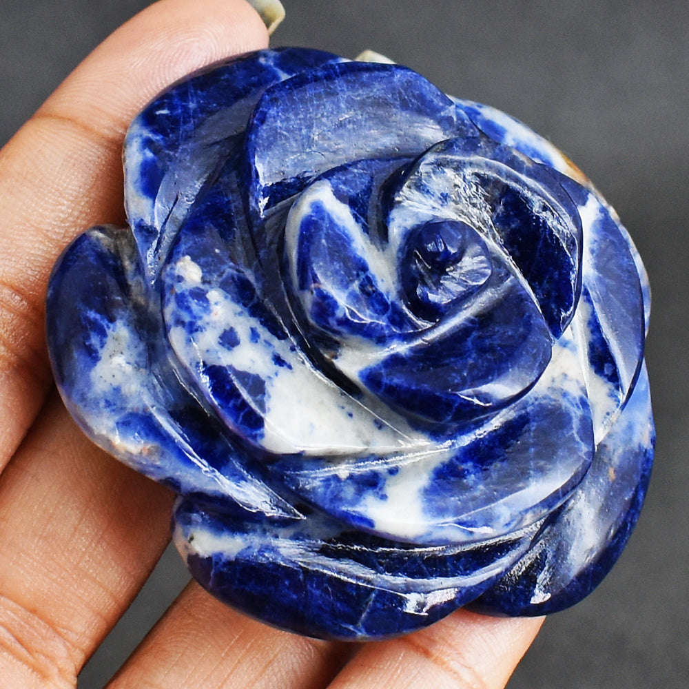 gemsmore:Artisian  369.00 Cts  Genuine  Sodalite  Hand Carved Rose Flower Gemstone Carving