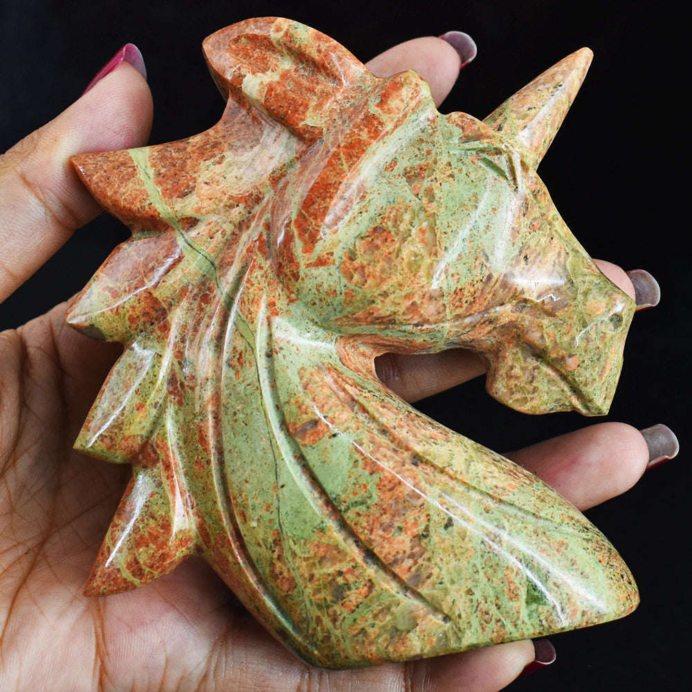 gemsmore:Artisian  Blood Green Unakite  1556.00 Cts Genuine Hand  Carved  Crystal Gemstone  Carving Unicorn Head
