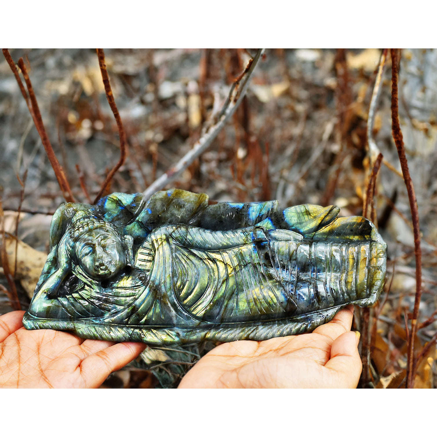 gemsmore:Artisian Golden & Blue Flash Labradorite Hand Carved Crystal Gemstone Sleeping Lord Buddha Carving