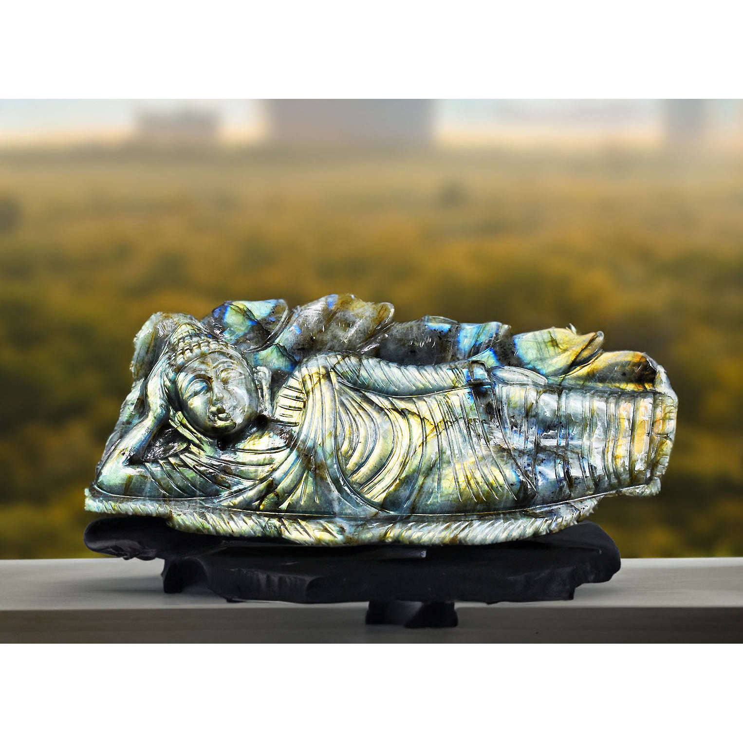 gemsmore:Artisian Golden & Blue Flash Labradorite Hand Carved Crystal Gemstone Sleeping Lord Buddha Carving