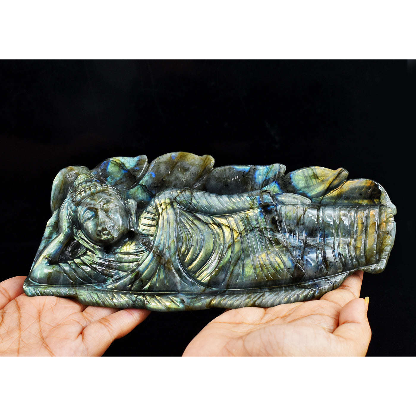 gemsmore:Artisian Golden & Blue Flash Labradorite Hand Carved Crystal Gemstone Sleeping Lord Buddha Carving