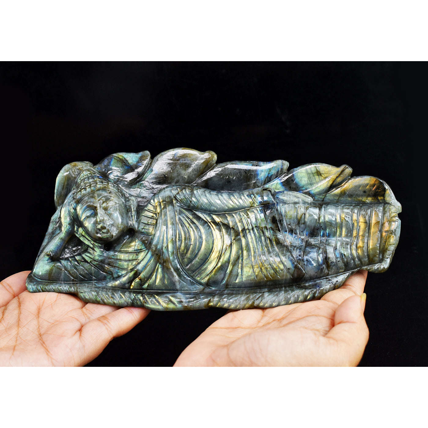 gemsmore:Artisian Golden & Blue Flash Labradorite Hand Carved Crystal Gemstone Sleeping Lord Buddha Carving