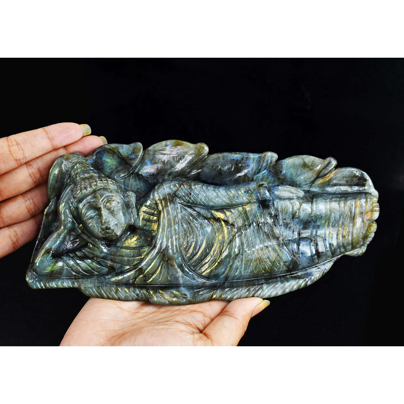 gemsmore:Artisian Golden & Blue Flash Labradorite Hand Carved Crystal Gemstone Sleeping Lord Buddha Carving