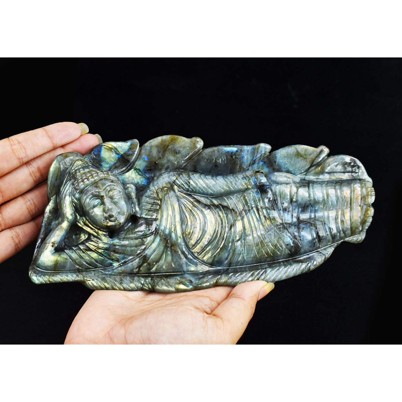 gemsmore:Artisian Golden & Blue Flash Labradorite Hand Carved Crystal Gemstone Sleeping Lord Buddha Carving