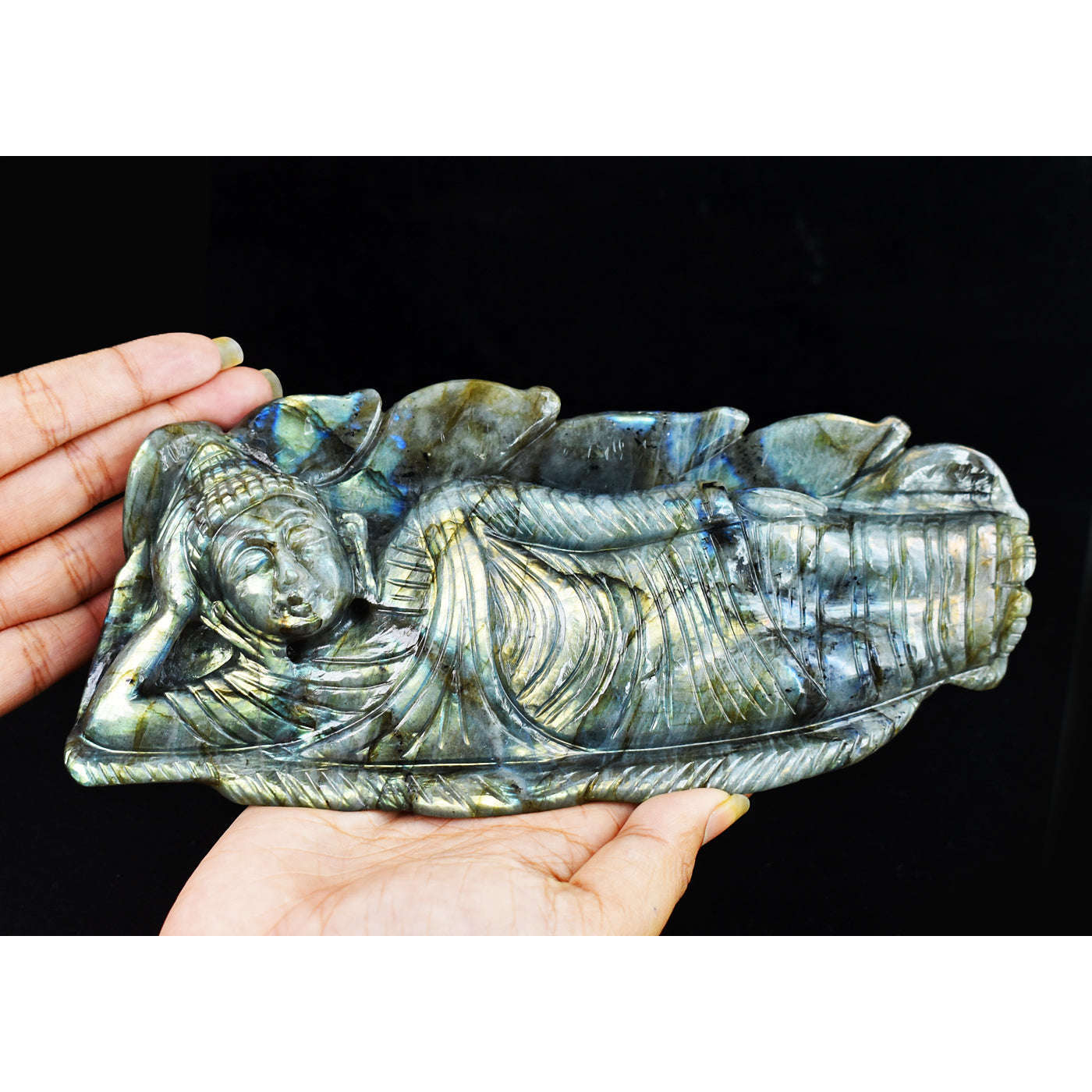 gemsmore:Artisian Golden & Blue Flash Labradorite Hand Carved Crystal Gemstone Sleeping Lord Buddha Carving
