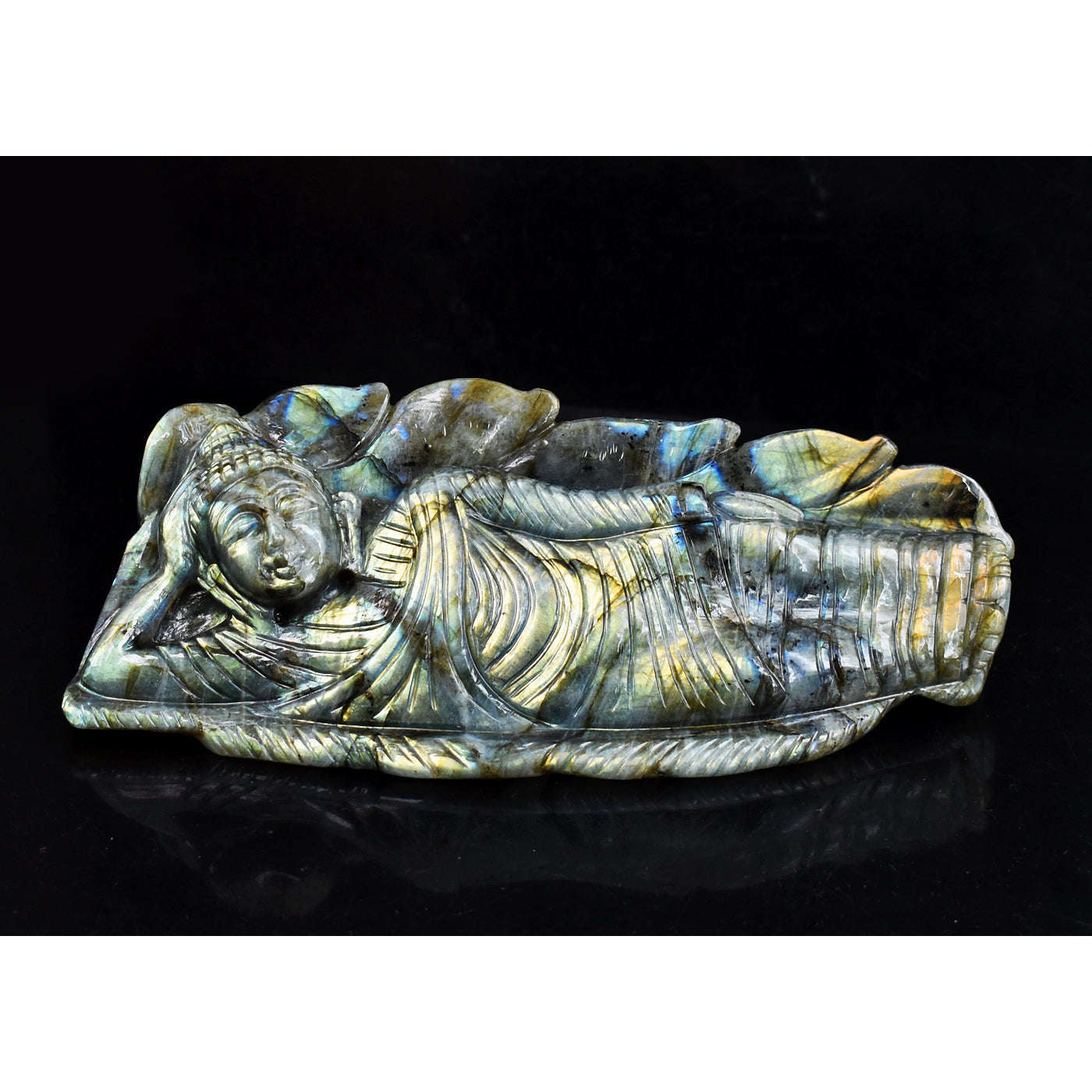 gemsmore:Artisian Golden & Blue Flash Labradorite Hand Carved Crystal Gemstone Sleeping Lord Buddha Carving