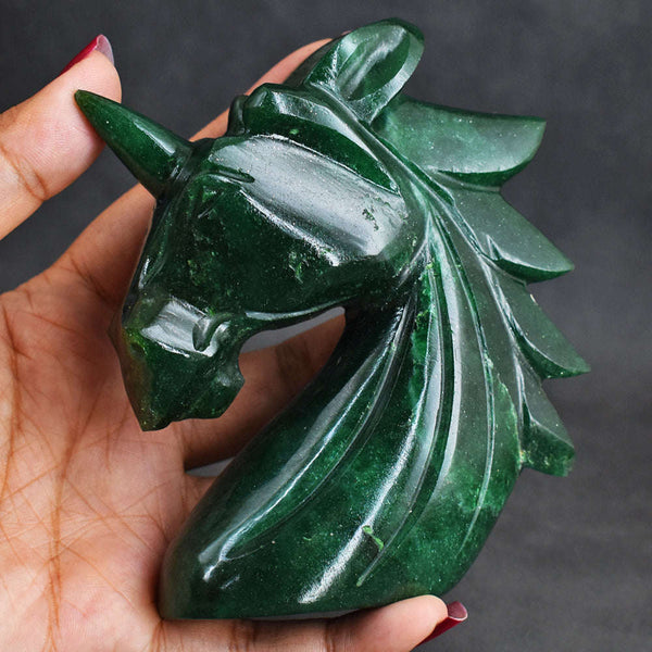 gemsmore:Artisian Green Jade Hand Carved Genuine Crystal Gemstone Carving Unicorn Head