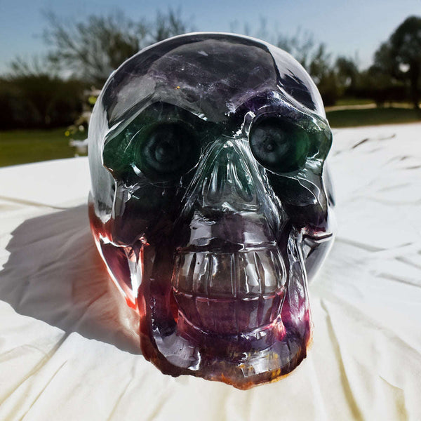 gemsmore:Artisian  Multicolor Fluorite  Hand Carved 6233.00  Cts  Genuine Crystal Gemstone Carving Skull