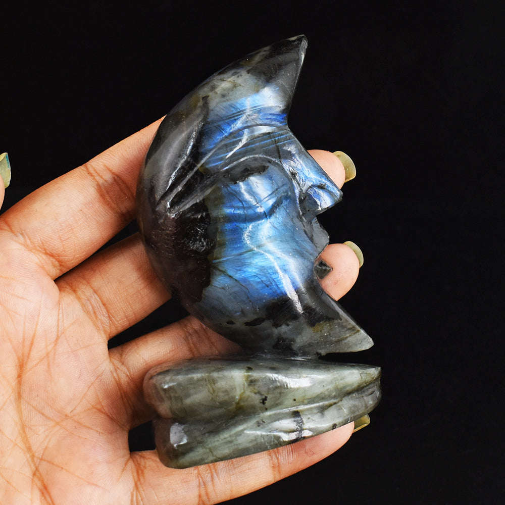 gemsmore:Awesome  777.00  Cts  Genuine Blue Flash Labradorite With Stand Hand Carved Gemstone Carving