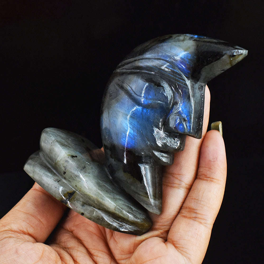 gemsmore:Awesome  777.00  Cts  Genuine Blue Flash Labradorite With Stand Hand Carved Gemstone Carving