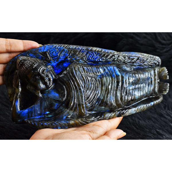 gemsmore:Awesome Royal Blue Flash Labradorite  Hand Carved Genuine Crystal Gemstone Sleeping Mudra Lord Buddha Carving