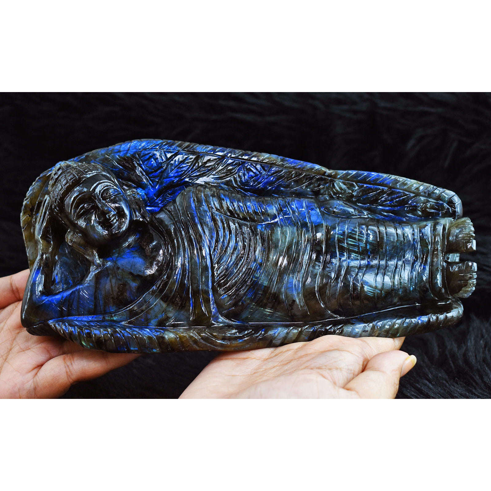 gemsmore:Awesome Royal Blue Flash Labradorite  Hand Carved Genuine Crystal Gemstone Sleeping Mudra Lord Buddha Carving