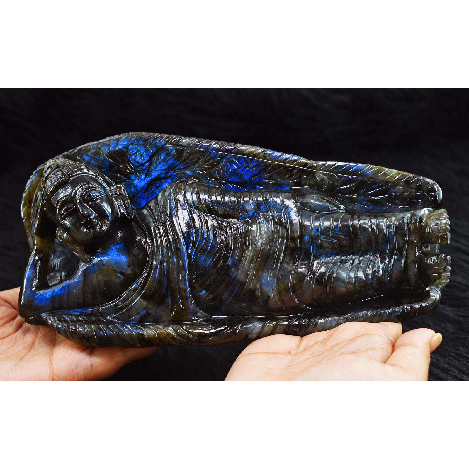 gemsmore:Awesome Royal Blue Flash Labradorite  Hand Carved Genuine Crystal Gemstone Sleeping Mudra Lord Buddha Carving